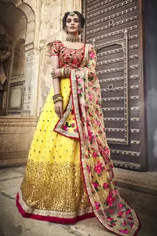 Yellow & Red zari, sequins and thread embroidered net semi stitched wedding lehenga