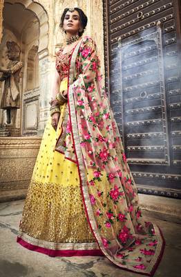 Yellow & Red zari, sequins and thread embroidered net Semi Stitched wedding Lehenga 2