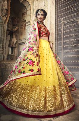 Yellow & Red zari, sequins and thread embroidered net Semi Stitched wedding Lehenga 3