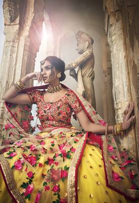 Yellow & Red zari, sequins and thread embroidered net Semi Stitched wedding Lehenga 4