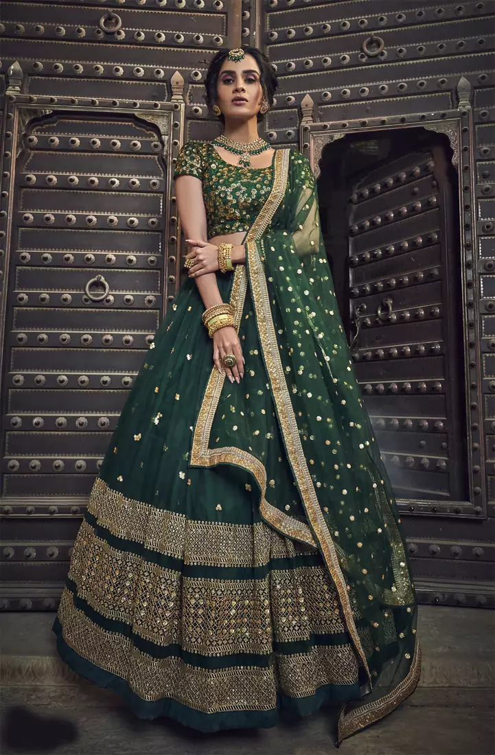 Captivating Green zari & sequins embroidered net Wedding lehenga