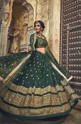 Captivating Green zari & sequins embroidered net Wedding Lehenga 3