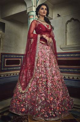 Red zari and thread embroidered net Semi Stitched wedding Lehenga 1