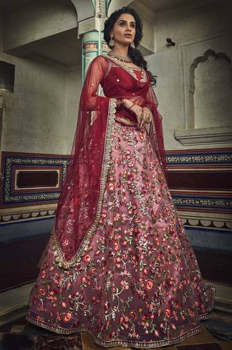 Red zari and thread embroidered net semi stitched wedding lehenga