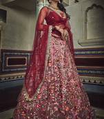 Red zari and thread embroidered net Semi Stitched wedding Lehenga