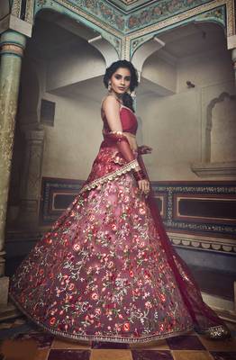 Red zari and thread embroidered net Semi Stitched wedding Lehenga 2