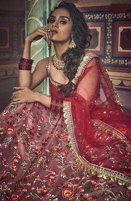 Red zari and thread embroidered net Semi Stitched wedding Lehenga 4