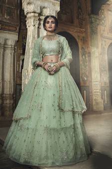 Sea-green zari and sequins embroidered net semi stitched lehenga