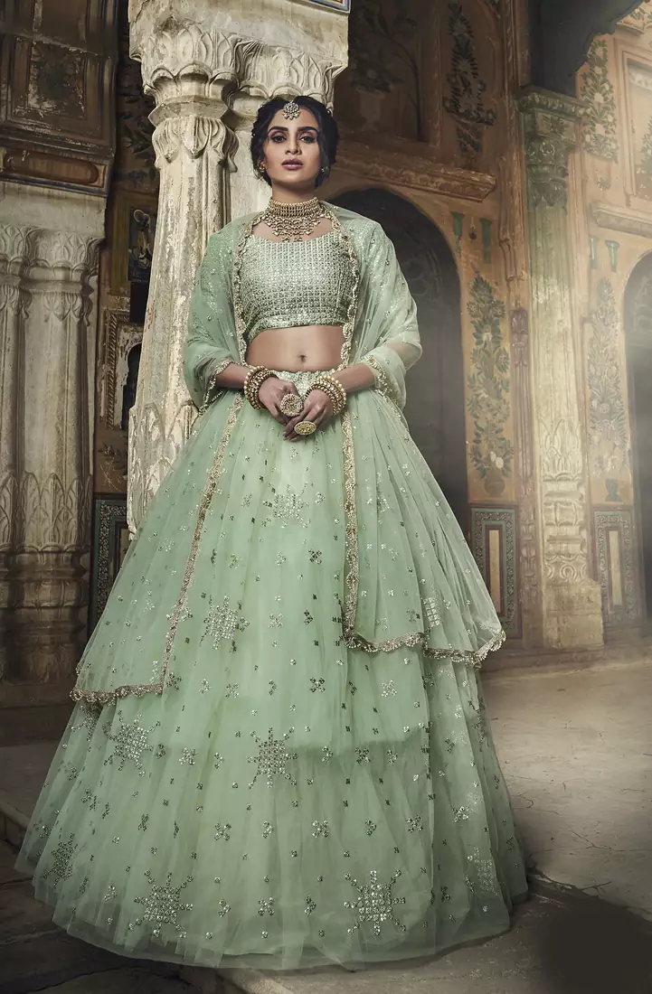 Sea-green zari and sequins embroidered net semi stitched lehenga