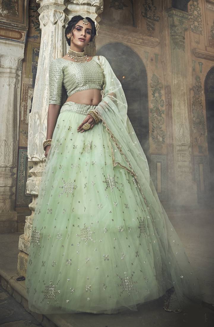 Sea-green zari and sequins embroidered net semi stitched lehenga