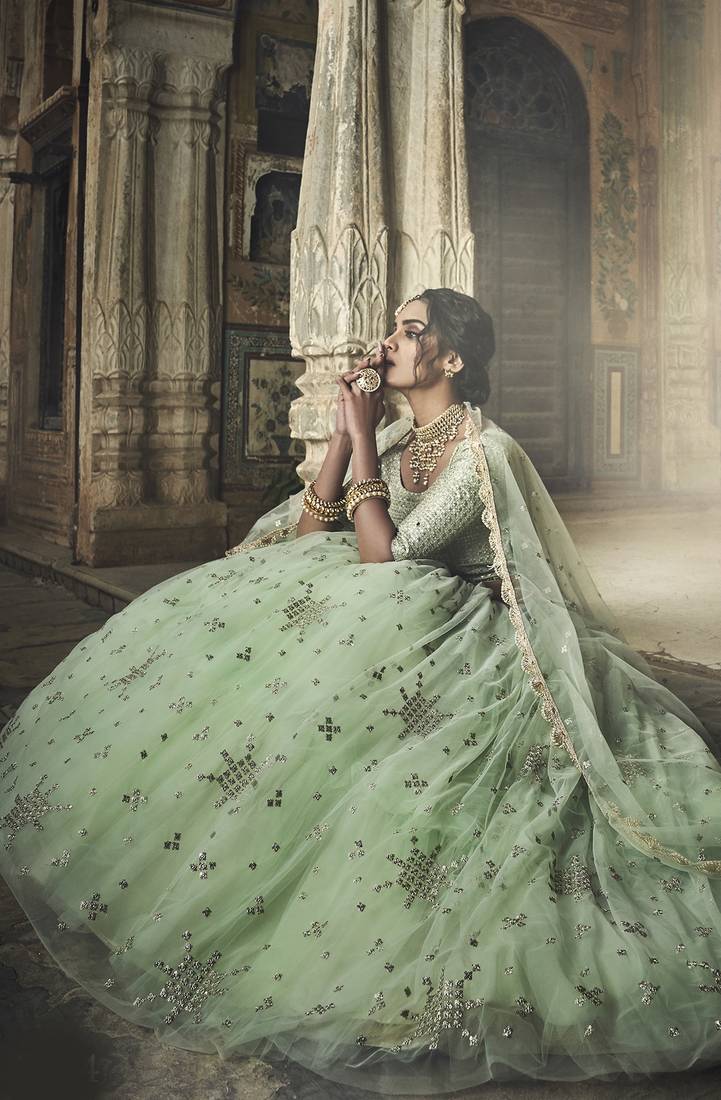 Sea-green zari and sequins embroidered net semi stitched lehenga