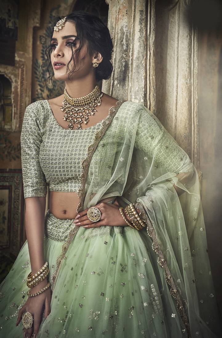 Sea-green zari and sequins embroidered net semi stitched lehenga