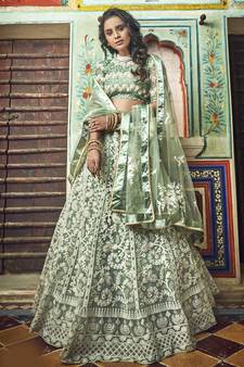 Sea Green Thread Embroidered Net Semi Stitched bridal lehenga