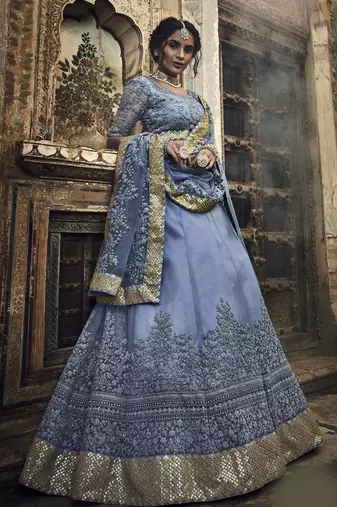 glorious Grey Zarkan and Dori Embroidered Net Semi Stitched bridal lehenga