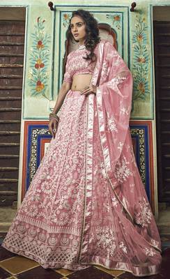 Peach thread embroidered net Semi Stitched Lehenga 1