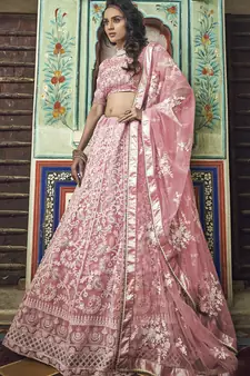 Peach thread embroidered net semi stitched lehenga