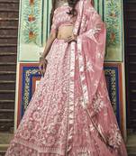 Peach thread embroidered net Semi Stitched Lehenga