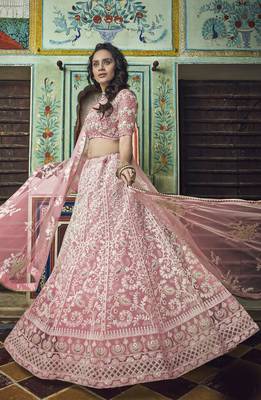 Peach thread embroidered net Semi Stitched Lehenga 2