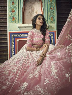 Peach thread embroidered net Semi Stitched Lehenga 3