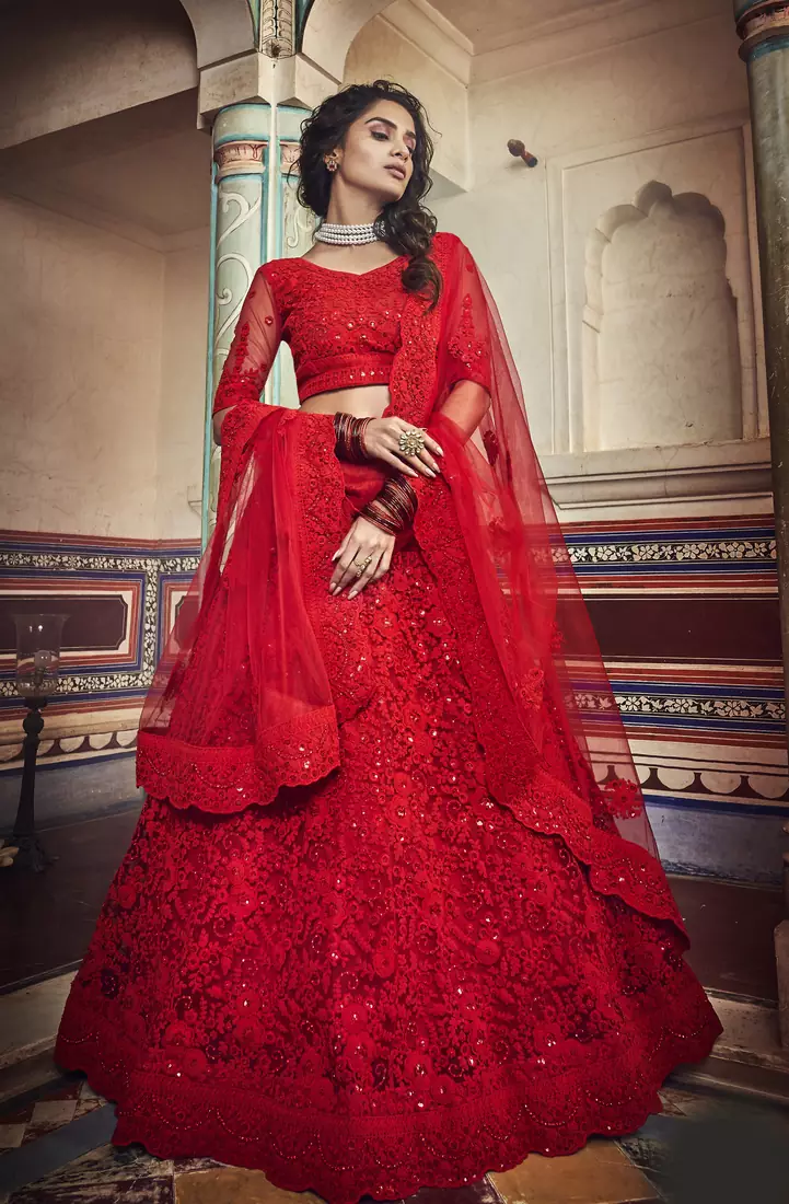 Glamorous Red Zarkan And Dori Embroidered Net Fabric designer Lehenga choli