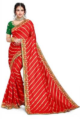 Red embroidered poly silk saree with blouse 4