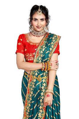 Dark cyan embroidered poly silk saree with blouse 2