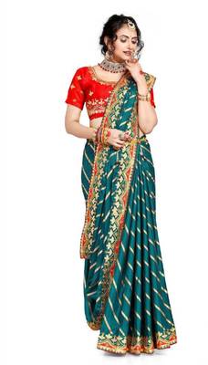 Dark cyan embroidered poly silk saree with blouse 3