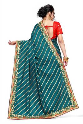 Dark cyan embroidered poly silk saree with blouse 4