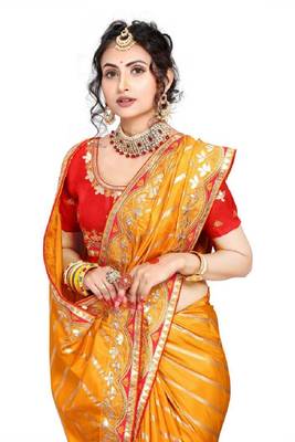 Mustard embroidered poly silk saree with blouse 2
