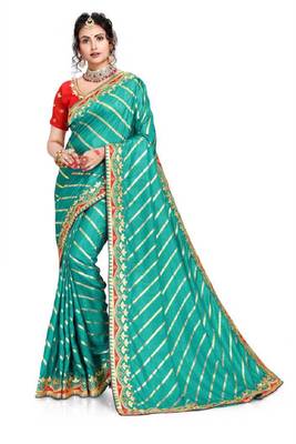 Light cyan embroidered poly silk saree with blouse 2