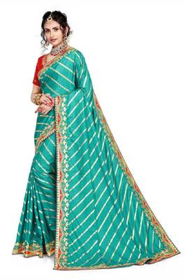 Light cyan embroidered poly silk saree with blouse 3