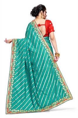 Light cyan embroidered poly silk saree with blouse 4