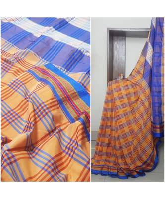 Peach gamcha chequered cotton blend ilkal saree with traditional ilkal border 2
