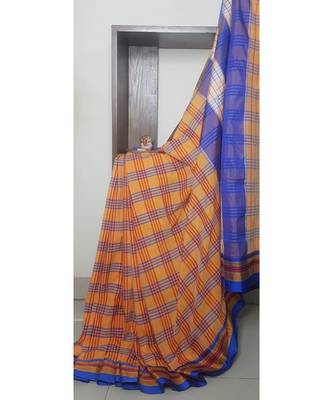 Peach gamcha chequered cotton blend ilkal saree with traditional ilkal border 1