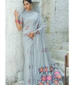 Grey Linen Printed Saree With Blouse