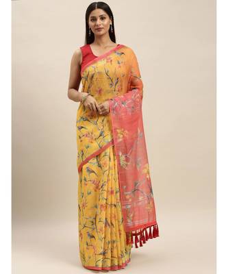 Multicolor  Linen Printed Saree With Blouse 1