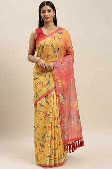 Multicolor  Linen Printed Saree With Blouse
