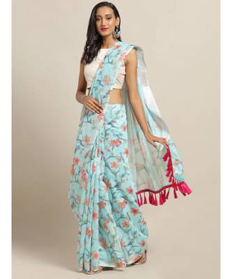 Blue Linen Printed Saree With Blouse 1