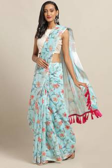 Blue Linen Printed Saree With Blouse