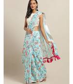 Blue Linen Printed Saree With Blouse
