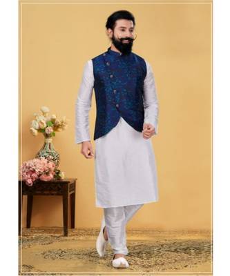 multicolor silk plain stitched   kurta & pyjama with  coat 1