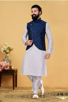 multicolor silk plain stitched   kurta & pyjama with  coat