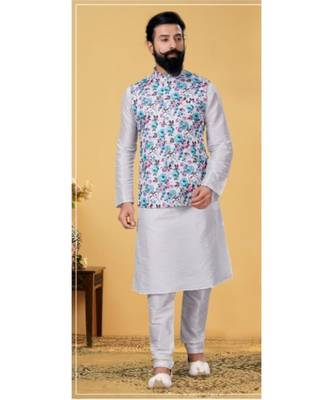 multicolor silk plain stitched   kurta & pyjama with  coat 1