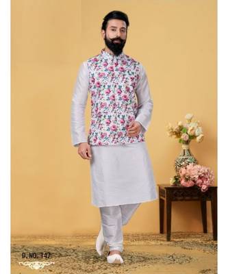 multicolor silk plain stitched   kurta & pyjama with  coat 1