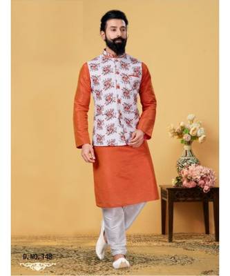 multicolor silk plain stitched   kurta & pyjama with  coat 1
