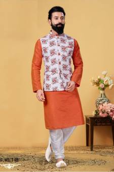multicolor silk plain stitched   kurta & pyjama with  coat