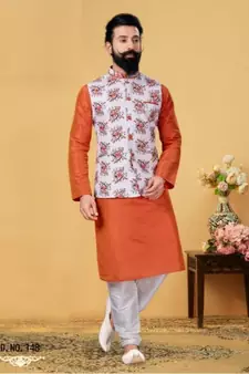 multicolor silk plain stitched   kurta & pyjama with  coat