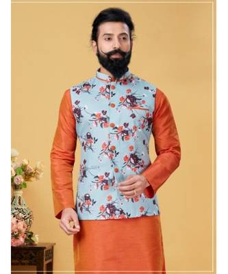 multicolor silk plain stitched   kurta & pyjama with  coat 1