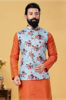 multicolor silk plain stitched   kurta & pyjama with  coat