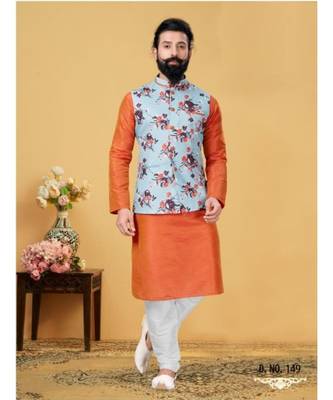 multicolor silk plain stitched   kurta & pyjama with  coat 2